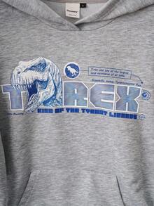 Discovery X SHEIN Women's Letter & Dinosaur Pattern Hooded Long Sleeve Sweatshirt - Light Grey - View 4