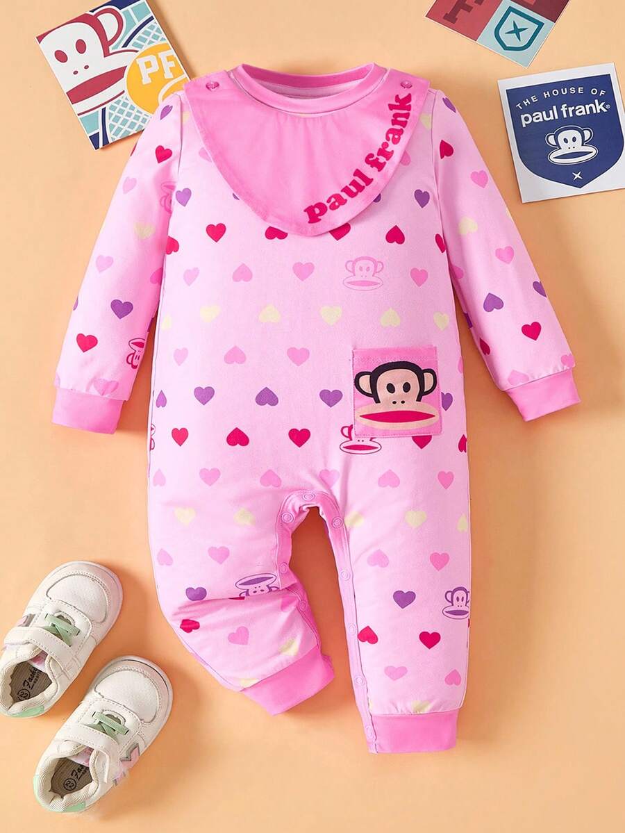 Paul Frank X SHEIN Baby Girl Cute Cartoon Pattern Round Neck Detachable Bib Long Sleeve Knit Comfortable Soft Jumpsuit - Multicolor - View 1