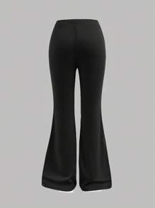 SHEIN Girlism 2 件套青少年女孩休闲运动图案文字和位置印花丝带蝴蝶结装饰修身喇叭裤套装，黑色和灰色，秋冬 - 淺粉色 - 查看 3
