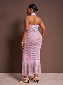 Slaydiva Đầm len dài không tay màu hồng trơn lãng mạn, cổ yếm, vạt tua rua, dành cho nữ, size lớn, mùa đông thu. - Hồng - Xem 9