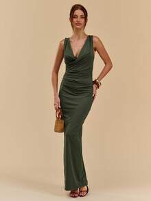 SHEIN BAE Đầm ôm sát cổ xếp nếp màu xanh lá cây đậm/xanh lá cây, Đầm ôm sát thanh lịch - Màu be - Xem 3