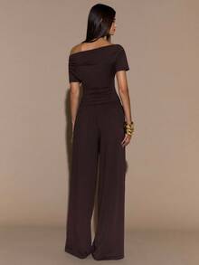 SHEIN BAE Autumn/Winter Solid Brown Sexy Asymmetric Neck Women Short Sleeve Top & Pants 2 Pieces Set Autumn/Winter Thermal Lining Women's Knitted 2 Pieces Set Basic Knit Women's Asymmetric Neck Top - Brown - View 2