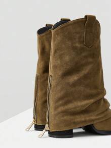 Mnmlis Women's Fashionable Khaki Retro Western Style Suede Zipper Tall Boots