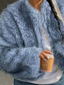 Muchica 秋冬女士蓝色长袖休闲蓬松仿皮草夹克 - 藍色 - 查看 7