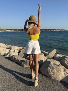 Manon Tanti Romantiskt sexig axelbandslös volangsmonterad crop Top för semester, datum, alla hjärtans dag, eftermiddagste - Gul - Visa 2