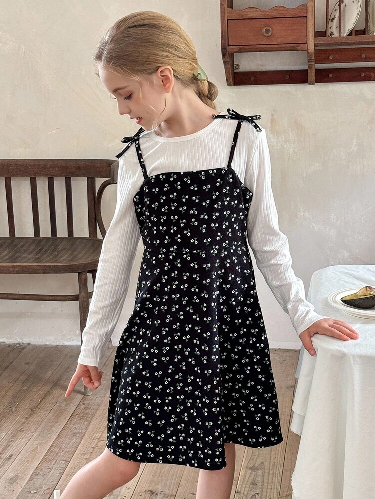 LMoss Kids 2 件套青少年女孩针织纯色圆领 T 恤和碎花针织吊带裙套装 - 彩色 - 查看 5