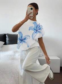 Siren Gaze Áo len tay ngắn phong cách Pháp thường ngày dành cho nữ, họa tiết hoa, phù hợp cho mùa thu/đông, màu xanh lam - Nhiều màu - Xem 3