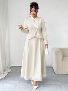 SHEIN Elenzya 加大码清爽梭织面料高领长袖不对称弧形开口金色纽扣装饰收腰 A 字下摆荷叶边修身衬衫 + 收腰伞形下摆荷叶边裙，优雅适合外出、通勤、聚会、约会，2 件套秋季女士服装 - 杏色 - 查看 7