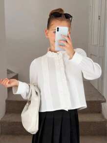 SHEIN 年轻女孩青少年女孩荷叶边领褶皱泡泡袖高低下摆法式衬衫，青少年女孩白色衬衫，可爱荷叶边生菜饰边，白色长袖衬衫纽扣衬衫长袖上衣长袖衬衫，秋冬季，非常适合休闲和日常穿着和学校日常，学院风格，返校 - 白色 - 查看 2