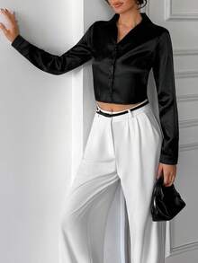 EURMUSE Cropped Long Sleeves Satin Blouse, V-Neck Style, Party Wear, Fitted Cut, Satin Look Material, Evening Fashion, Dressy Style, Sophisticated Design, Chic Fashion, Festive Wear, Modern Cut - Black - View 4