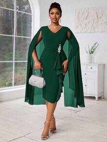 Fleurora Váy dạ hội trang trọng xuyên thấu màu xanh lam có cấu trúc thanh lịch cỡ lớn dành cho nữ mùa thu Quần áo nữ Váy xanh bốn mùa - Màu xanh lá cây đậm - Xem 5