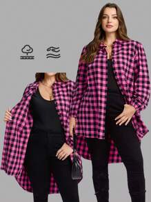 EMERY ROSE Chaqueta de manga larga con estampado de cuadros holgada y casual para mujer de talla grande, para uso diario en otoño e invierno - Rosa Fucsia - Ver 1