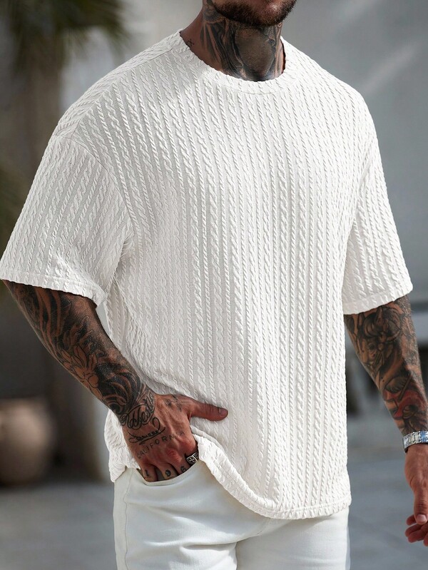 Manfinity CasualCool Camiseta de punto de cuello redondo de manga corta casual y holgada para hombre, camiseta de punto blanca para hombre, jersey de punto blanco para hombre, camiseta de punto texturizada para hombre