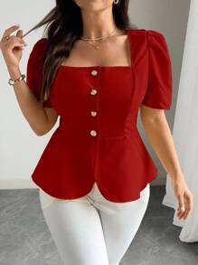 Elenzga 大码女式纯色方领单排扣短款泡泡袖优雅衬衫 - 紅色 - 查看 3