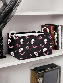 ROMWE Goth 1pc Halloween Black Background All-Over Eye, Spider, Skull, Bat Print Storage Basket, Suitable For Bedroom, Living Room, Bathroom - Black - View 2