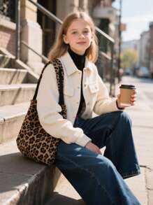 Girls Solid Color Versatile Minimalist Daily Wear Turndown Collar Jacket, Suitable For Autumn/Winter Fall