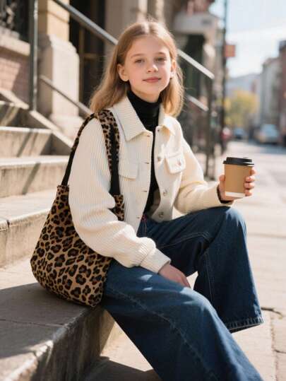 Girls Solid Color Versatile Minimalist Daily Wear Turndown Collar Jacket, Suitable For Autumn/Winter Fall