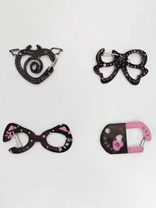 ROMWE Anime 4 件随机可爱猫耳、药丸、心形眼镜、蝴蝶结钥匙扣、Y2K Lolita 亚克力黑色和粉色撞色包包挂件、原创星点心形背包夹、多功能高端配饰