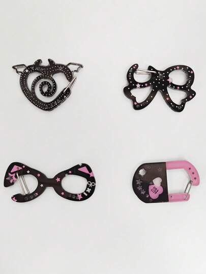 Anime 4 pezzi Ciondolo per zaino/borsa in stile Y2K Lolita, con accessori assortiti: orecchie di gatto, pillola, occhiali a forma di cuore, fiocco, contrasto di colori nero e rosa, molletta a forma di stella e cuore, accessori versatili di alta qualità