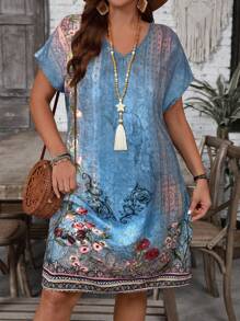 EMERY ROSE 大码女式碎花V领短袖休闲连衣裙 - 水鴨藍 - 查看 1