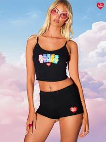 MISSGUIDED x Carebears Y2K 美学两件套可爱人物印花短款上衣迷你短裤节日夏季海滩套装怀旧卡哇伊家居服 - 黑色 - 查看 1