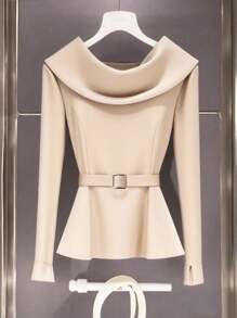 Franclia Fashionable, Versatile, Casual, And Elegant Autumn Women's Clothing. Unique And Sophisticated, With A Large Round Neck, Long Sleeves, A Waist-Hugging Metal Buckle, And A Fabric Belt. Women's Tops For Back-To-School Season. Fall Women's Clothing For Women's Teachers. Business Casual Women's Tops For Going Out. Fall Women's Back-To-School Clothing. - Apricot - View 1