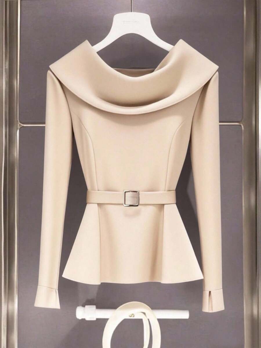 Franclia Fashionable, Versatile, Casual, And Elegant Autumn Women's Clothing. Unique And Sophisticated, With A Large Round Neck, Long Sleeves, A Waist-Hugging Metal Buckle, And A Fabric Belt. Women's Tops For Back-To-School Season. Fall Women's Clothing For Women's Teachers. Business Casual Women's Tops For Going Out. Fall Women's Back-To-School Clothing. - Apricot - View 1