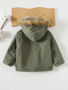 Cozy Pixies 男婴保暖加厚长袖连帽派克大衣，休闲百搭 - 軍綠色 - 查看 2