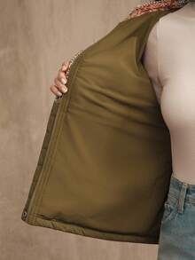 Anewsta 女士秋冬时尚印花拼布夹棉军绿色长袖夹棉大衣 - 軍綠色 - 查看 12