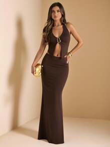 SHEIN BAE 1. Bộ 2 món áo hở lưng cổ yếm khóa kim loại gợi cảm dành cho nữ mùa xuân/hè & chân váy dệt kim cạp vừa/thấp viền đuôi cá, trang phục màu nâu, bộ đồ đi nghỉ, bộ đồ dệt kim hở lưng - màu nâu - Xem 6