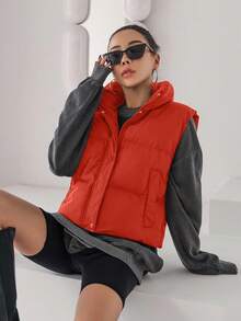 SHEIN Cottnline جاكيت صدرية كاجوال للنساء بجيب أمامي وسحاب، للشتاء - البرتقالي مرهق - مشاهدة 5