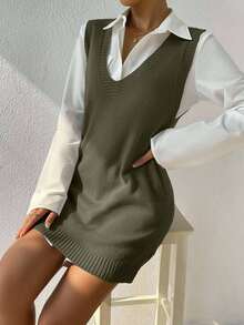 EURMUSE Women's Solid Color V-Neck Sleeveless Sweater Dress - Hijau Tentara - View 6