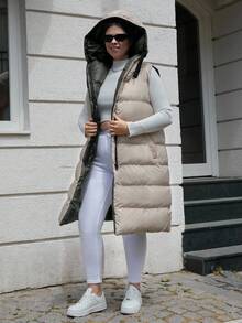 EURMUSE Plus Size Zip Up Drawstring Hooded Puffer Vest Coat - Army Green - View 3