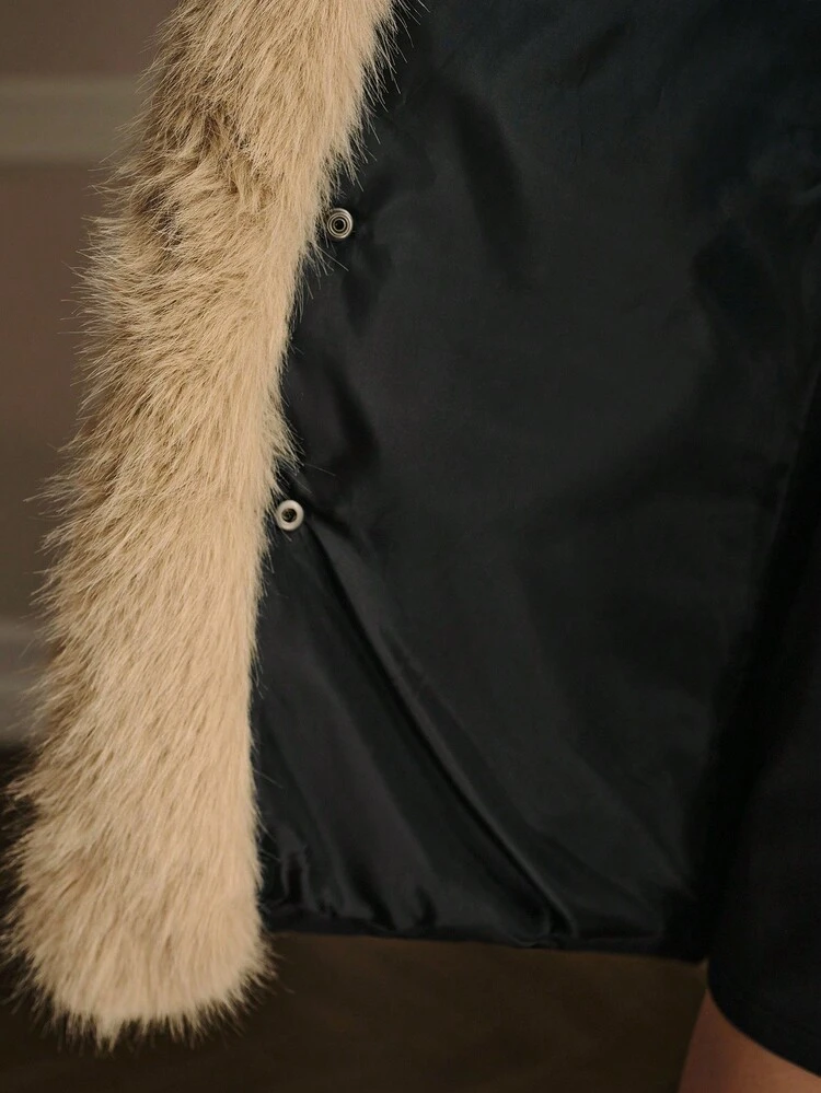 CONTRAST FUZZY TRIM EMBROIDERY WINTER COAT