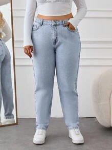 SHEIN Cottnline 100% Baumwolle Plus hohe Taille Mom Fit Jeans - Helle Waschung - Übersicht 4