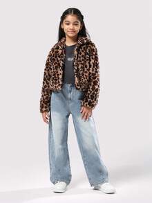 Áo khoác mùa đông giả lông thú in họa tiết da báo SUMWON dành cho bé gái tuổi teen, ấm áp, mềm mại, có khóa kéo, thời trang, quà tặng ngày lễ, họa tiết động vật mềm mại, ấm áp hàng ngày, phong cách thời trang cho kỳ nghỉ. - màu nâu - Xem 4