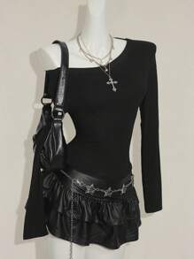 SHEIN ICON One Shoulder Shreeded Back Long Sleeve Jersey Skintight Top Spring, Summer, Holiday, Vacation, Ibiza, Festival, Raves, Cool Girl, Shipwrecked Cutout Top Black Top Goth Top - Black - View 4