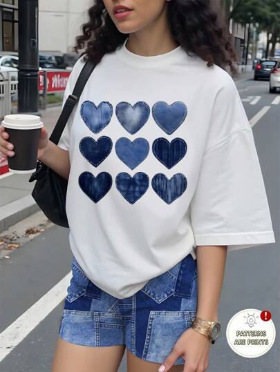 2 件套青少年女孩休闲心形印花图案短袖宽松圆领 T 恤和短裤套装，适合夏季度假装