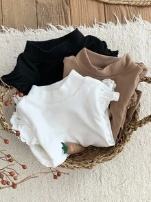 LMoss Kids Set de 3 camisetas casuales de cuello redondo con volantes de unicolor para niña