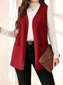 EMERY ROSE Plus Size Solid Color Sleeveless Loose Pocket Simple Casual Coat,Spring/Summer,Vacation / Vacation Autumn Winter - Red - View 1