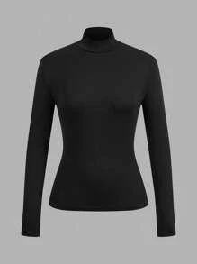 SHEIN EZwear 2 件女式高领紧身长袖打底 T 恤套装，适合秋冬季 - 黑色 - 查看 3