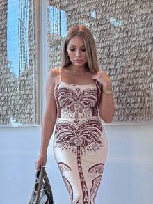 Cioccolato 优雅性感通勤休闲假日长裙，花卉波西米亚风格女式吊带裙，修身贴臀 - 杏色 - 查看 4