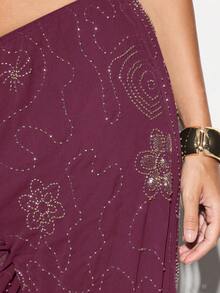 KIZN Quần ống rộng đính hạt phong cách Palazzo dự tiệc, quần dài thướt tha lấp lánh có túi, bộ sưu tập thu đông ngày lễ - Màu Đỏ Sâu - Xem 4