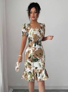 Elenzga 女式随机印花方领短袖连衣裙 - 卡其色 - 查看 3