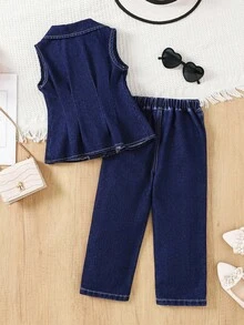 SHEIN 少女淑女绅士风纯色水洗无袖背心和直筒牛仔裤套装，女童秋冬服装，儿童返校节休闲牛仔裤两件套优雅套装 - 深色水洗藍 - 查看 2