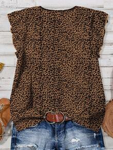 EMERY ROSE 大码女装日常休闲度假粉色V领小飞袖度假风豹纹宽松衬衫，女士夏装，女士度假服装，女士夏装，女士外出上衣，可爱夏季上衣，女士夏装 - 棕色 - 查看 2