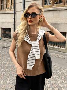 Elyressa Áo len chui đầu cổ tròn không tay màu trơn thường ngày dành cho nữ - màu nâu - Xem 4