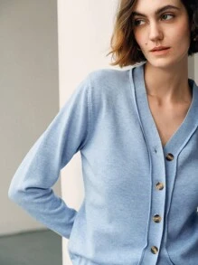 Uhlyne 女士休闲宽松V领开衫毛衣，年轻时尚百搭设计，秋冬 - 藍色 - 查看 2