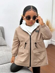 Chaqueta con capucha casual de color caqui para niña, con forro térmico, adecuada para otoño/invierno - Caqui - Ver 5