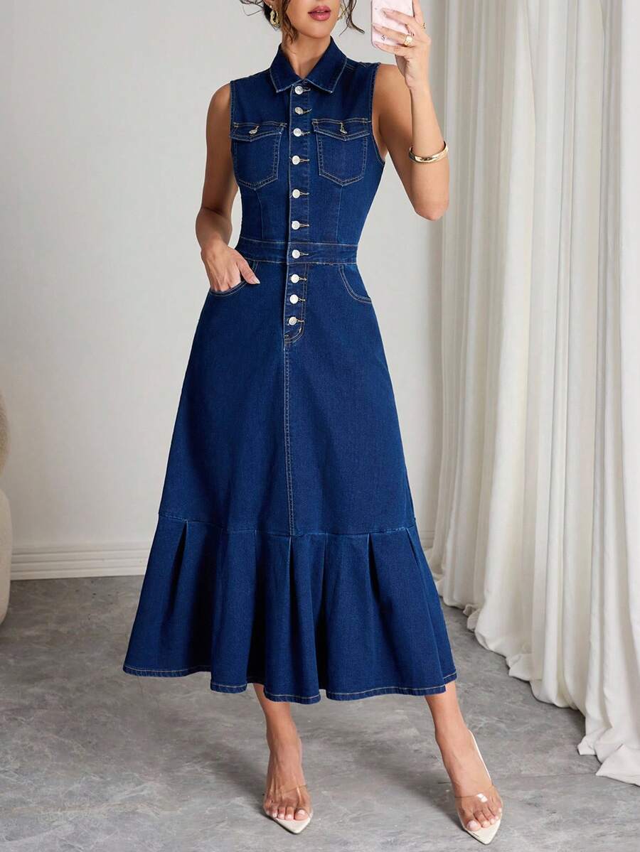 SHEIN Elenzya 女式合身褶皱鱼尾牛仔连衣裙 - 深色水洗藍 - 查看 1